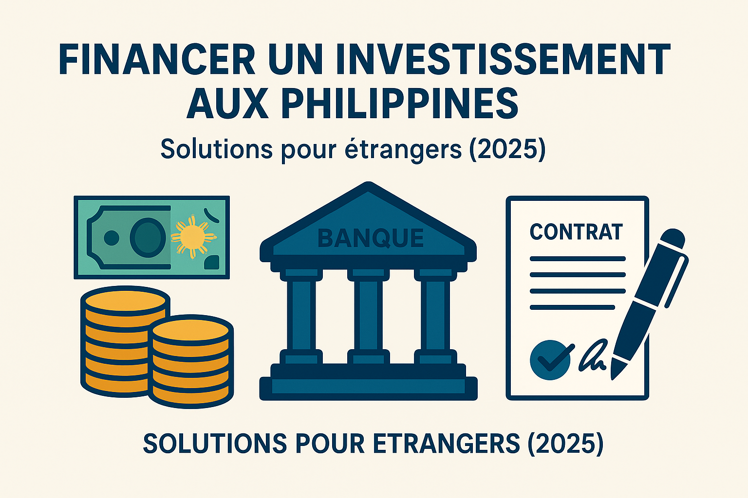 Financer un investissement aux Philippines – illustration avec billets PHP, pile de pièces, banque et contrat signé, solutions pour investisseurs étrangers en 2025.