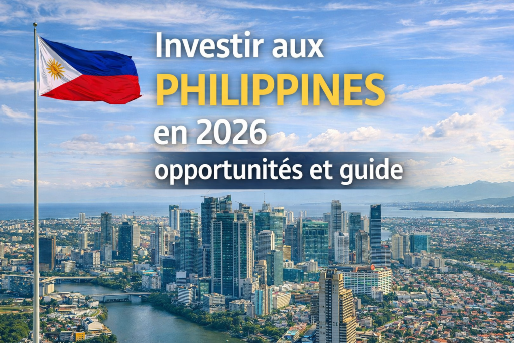 Investir aux Philippines en 2026 avec skyline de Manille et quartier financier moderne symbolisant les opportunités économiques et immobilières du pays