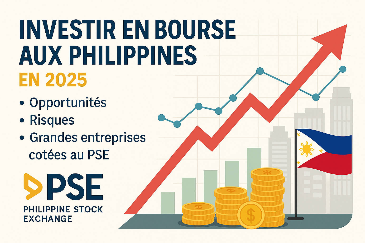 Infographie sur le fait d'investir en bourse aux Philippines en 2025 avec graphiques financiers, immeubles de Manille, drapeau philippin et logo PSE.