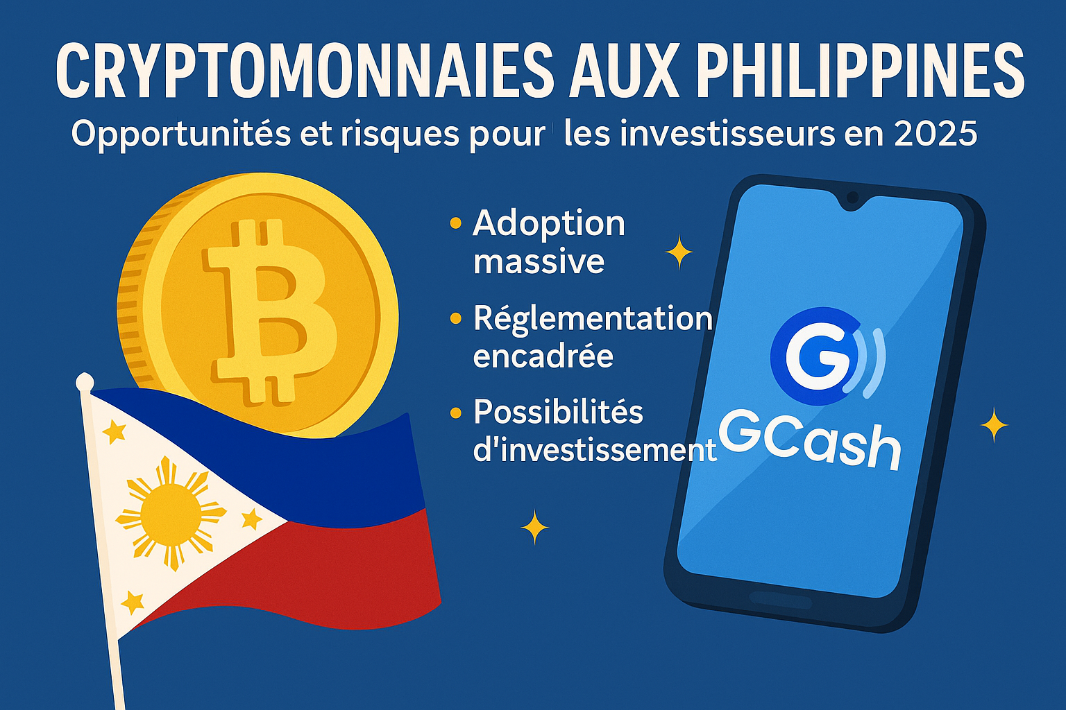 Infographie sur les cryptomonnaies aux Philippines en 2025 avec Bitcoin, drapeau philippin et smartphone GCash