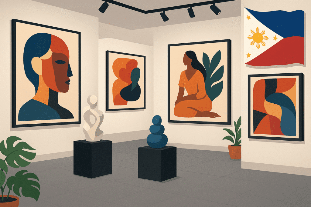 Marché de l’art aux Philippines – galerie moderne avec peintures abstraites, sculptures et drapeau philippin en arrière-plan