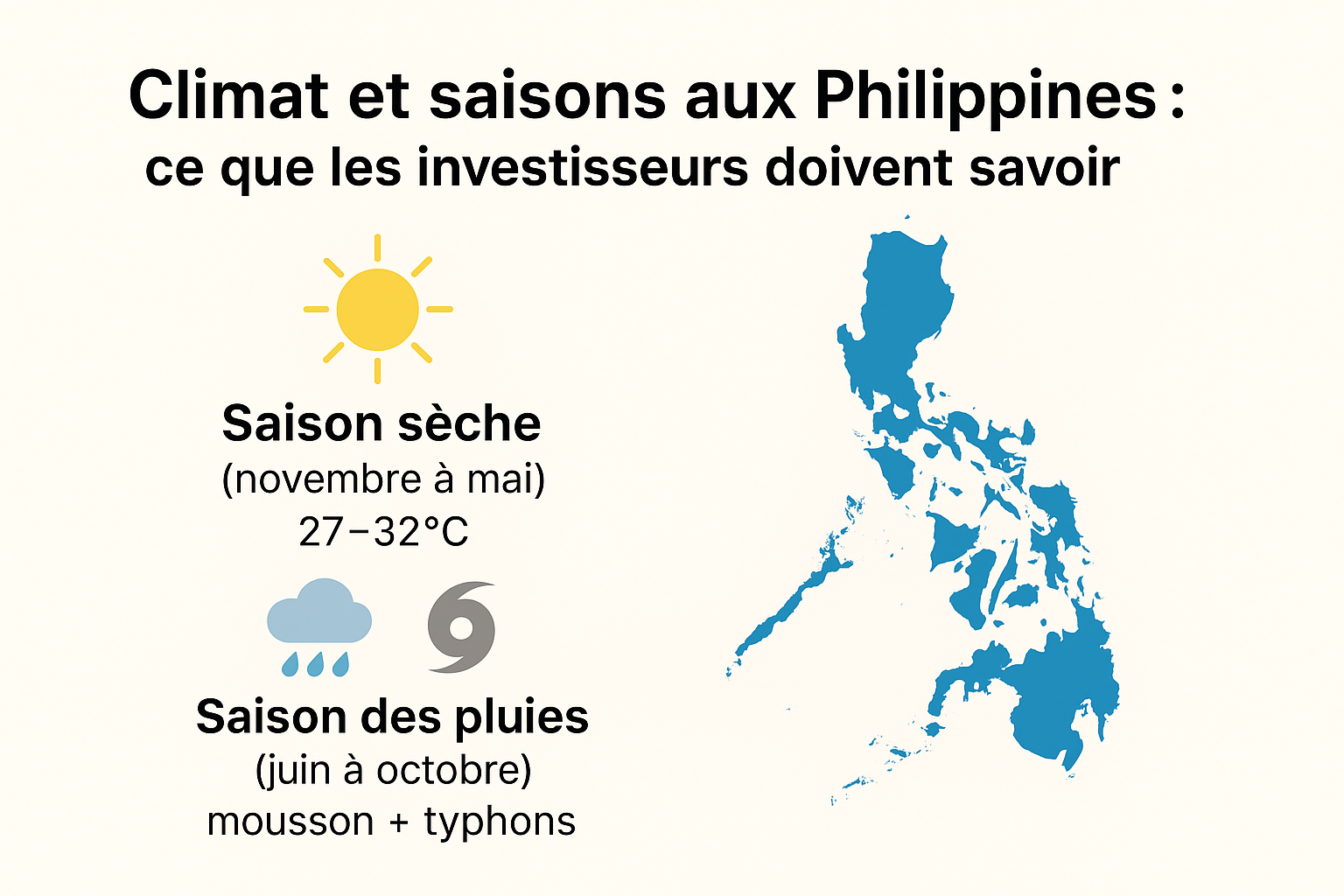 Climat et saisons aux Philippines – aperçu des périodes sèches et pluvieuses avec carte et icônes météo, guide pour investisseurs.