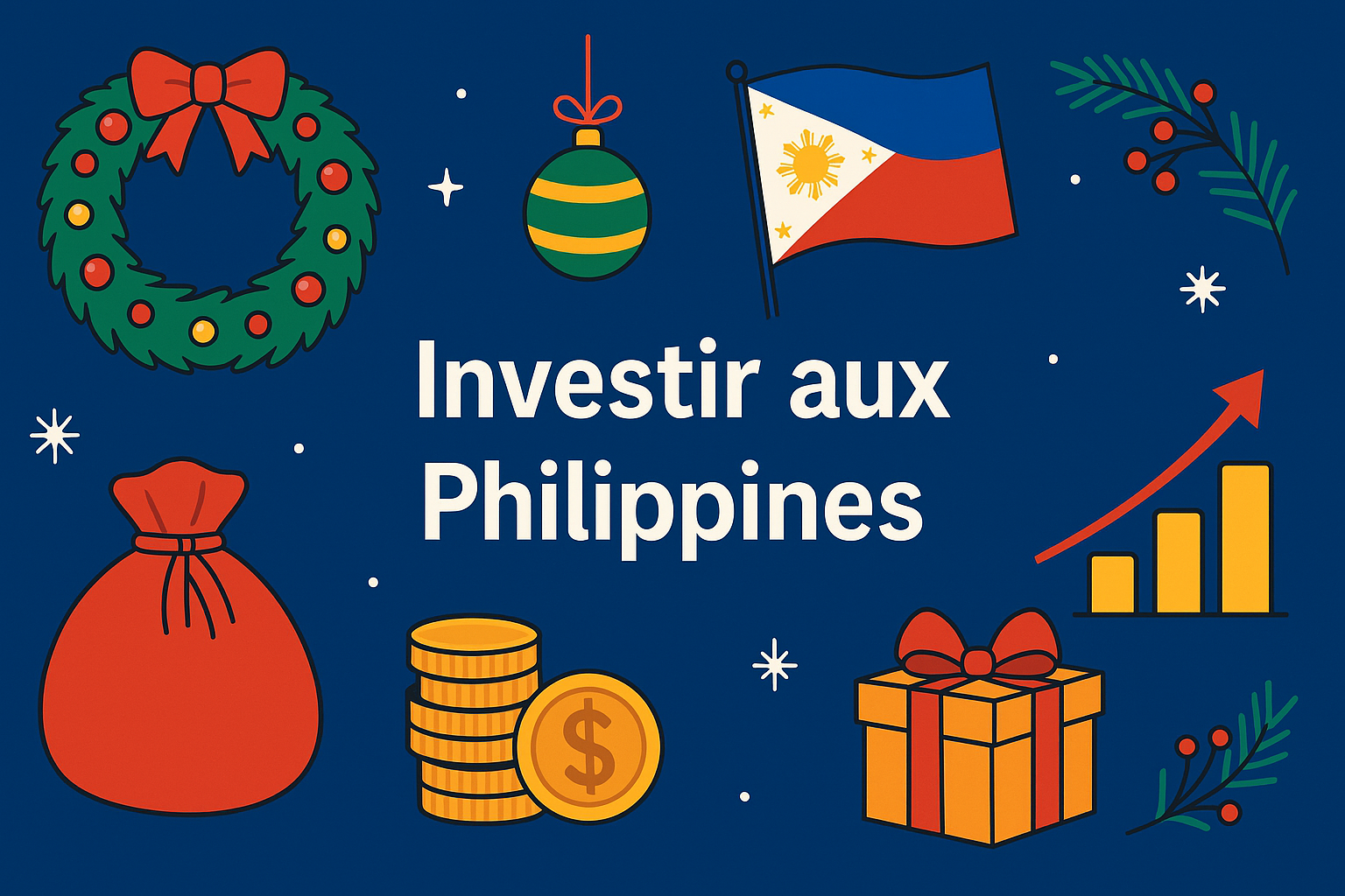 Visuel de Noël illustrant le thème Investir aux Philippines, avec drapeau philippin, décorations de fêtes, pièces de monnaie et icône de croissance économique.