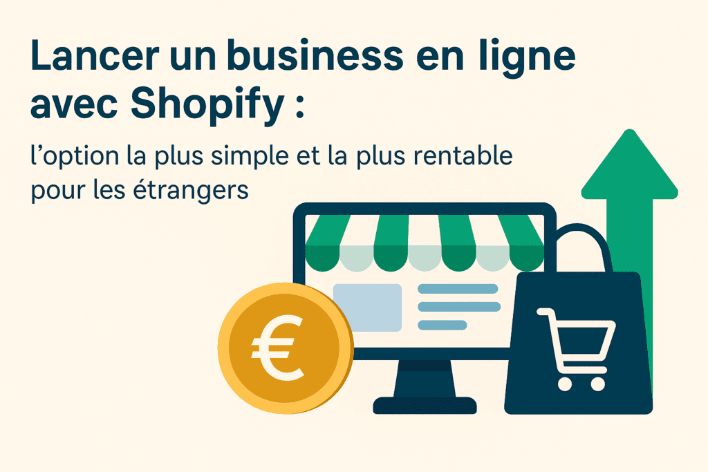 Illustration professionnelle montrant un entrepreneur lançant un business en ligne grâce à Shopify, symbolisant la création d’une boutique digitale depuis les Philippines.