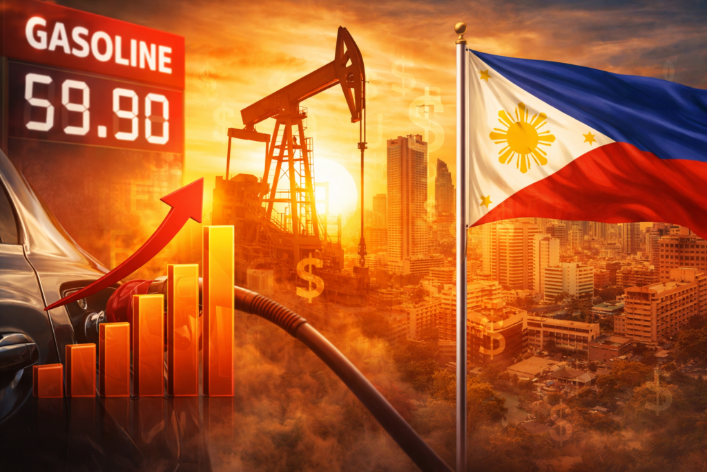 Hausse du prix de l’essence aux Philippines illustrée par une pompe à carburant, un graphique de hausse des prix et la skyline de Manille