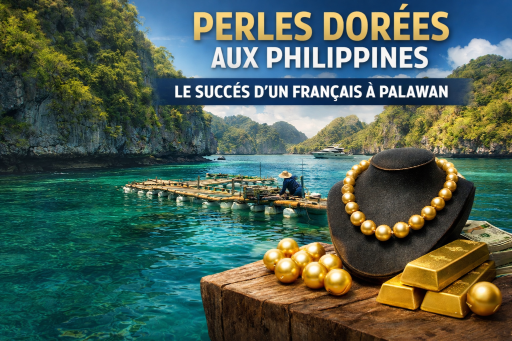 Perles dorées aux Philippines à Palawan avec ferme perlière et collier de luxe sur fond tropical