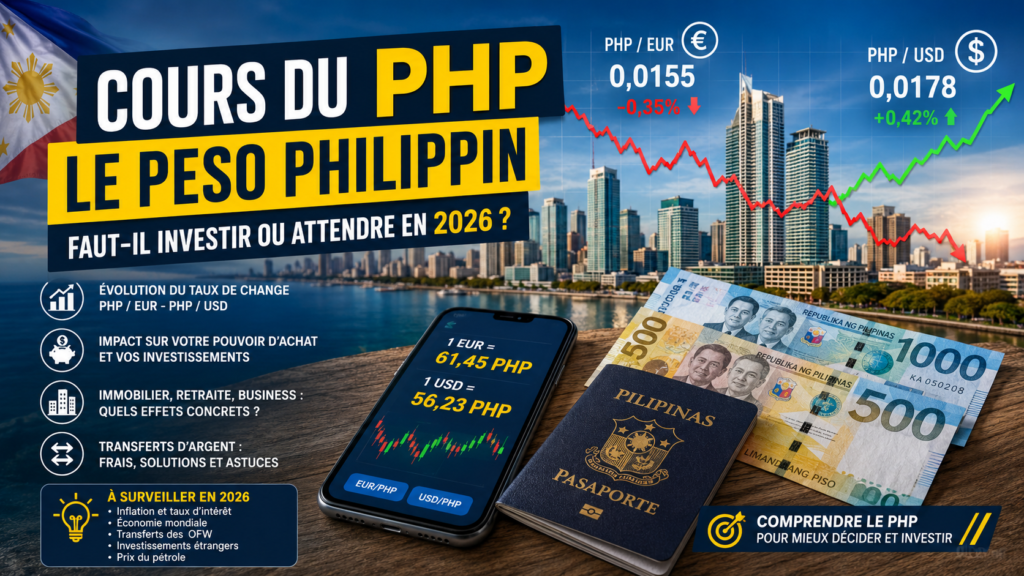 Illustration sur le cours du peso philippin (PHP) en 2026 avec graphiques financiers, skyline moderne des Philippines, billets philippins, passeport et évolution des taux de change EUR/PHP et USD/PHP.