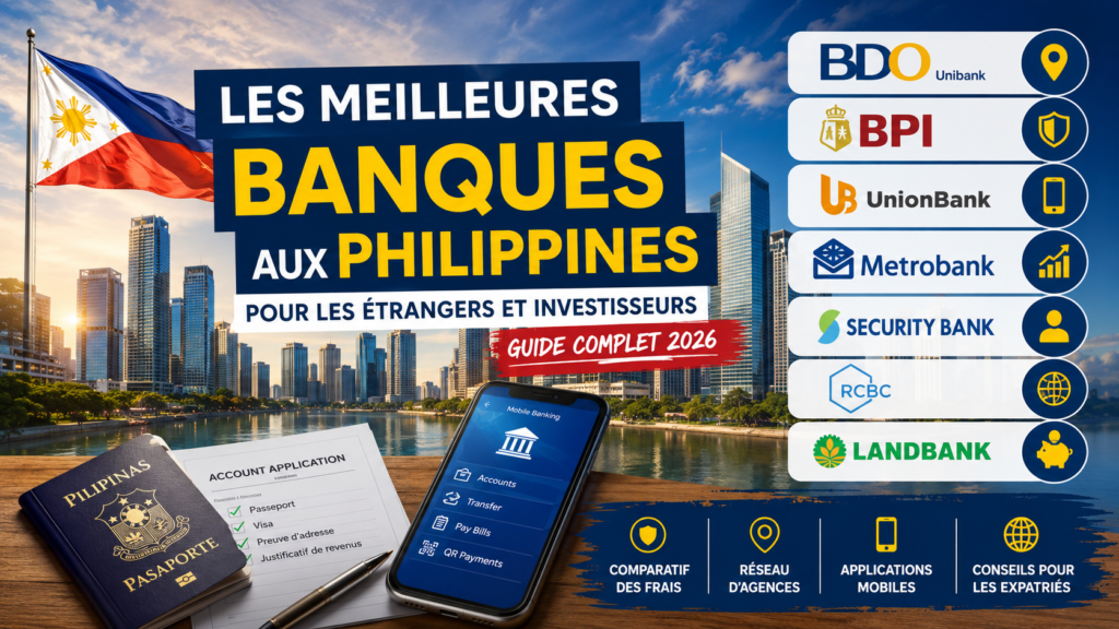 Illustration représentant les meilleures banques aux Philippines pour les étrangers et investisseurs en 2026 avec skyline moderne, drapeau philippin, smartphone bancaire et comparatif des principales banques du pays.
